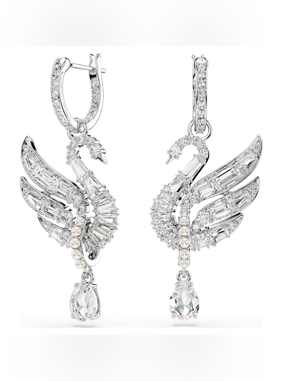 Swarovski Silver Crystal Swan Drop Earrings NIB Retail:$219 Mixed Stones